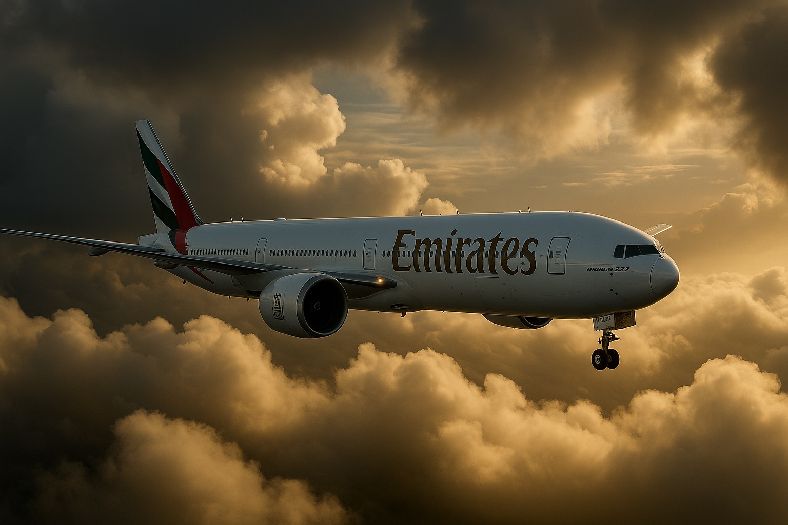 Commercial aircraft flying above the clouds at sunset
