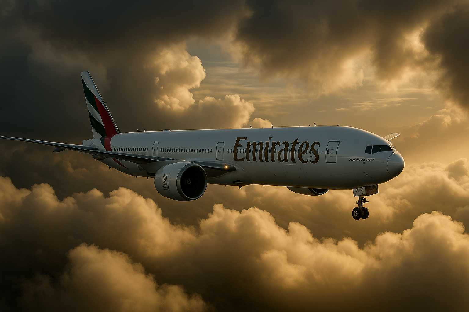 Commercial aircraft flying above the clouds at sunset