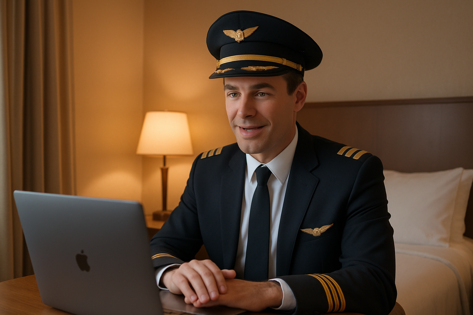 Pilot preparing for a video interview on laptop